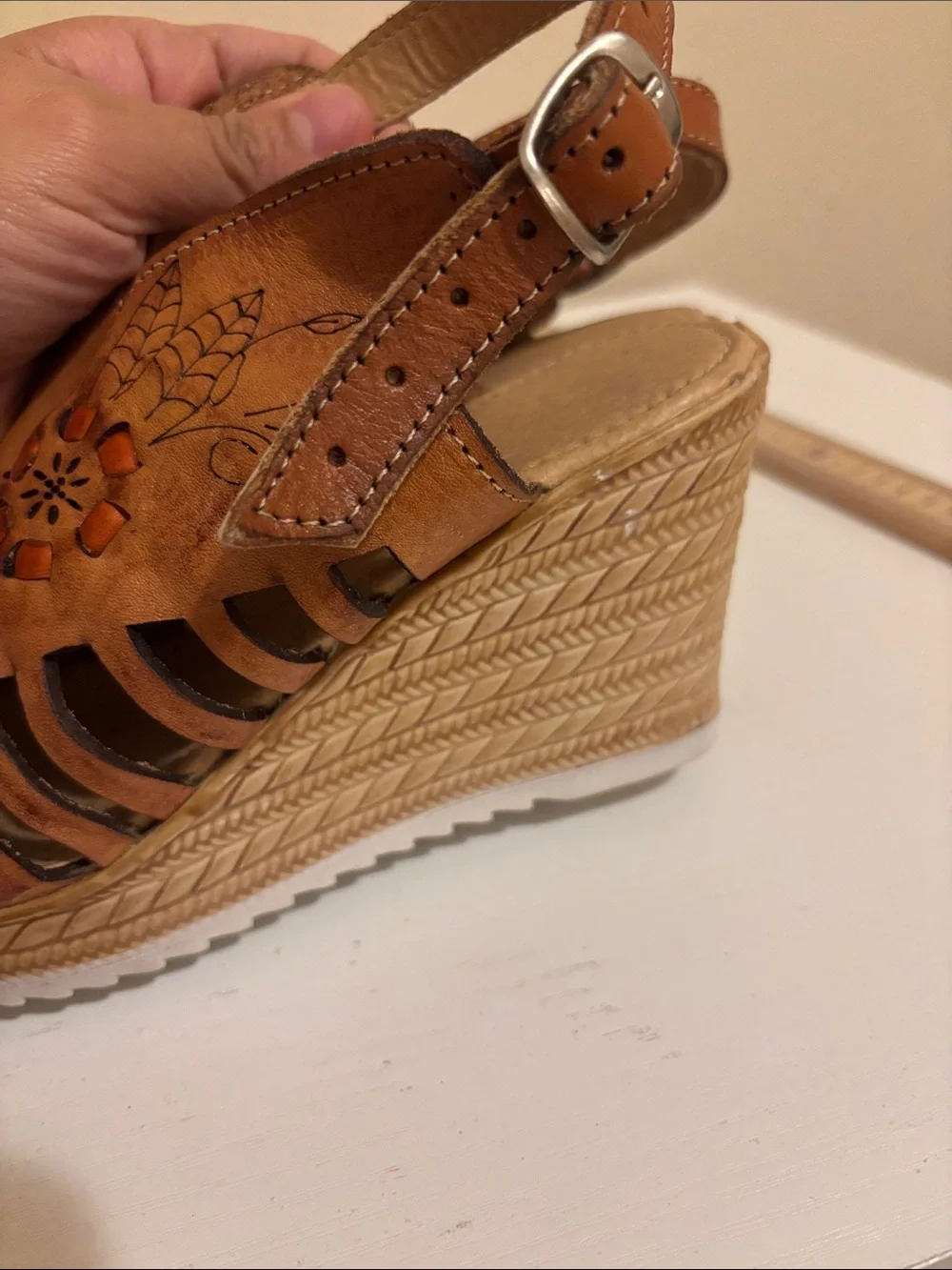 Brown Leather Floral Cutout Wedge Sandals